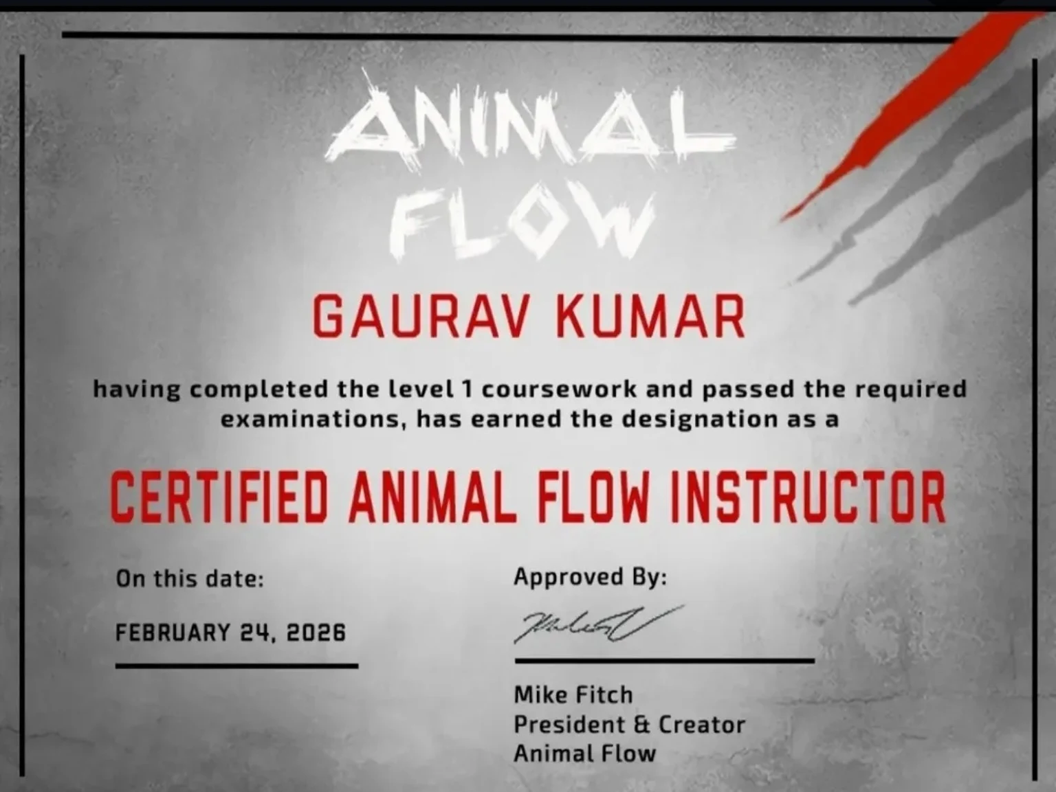 Animal Flow Instructor certificate