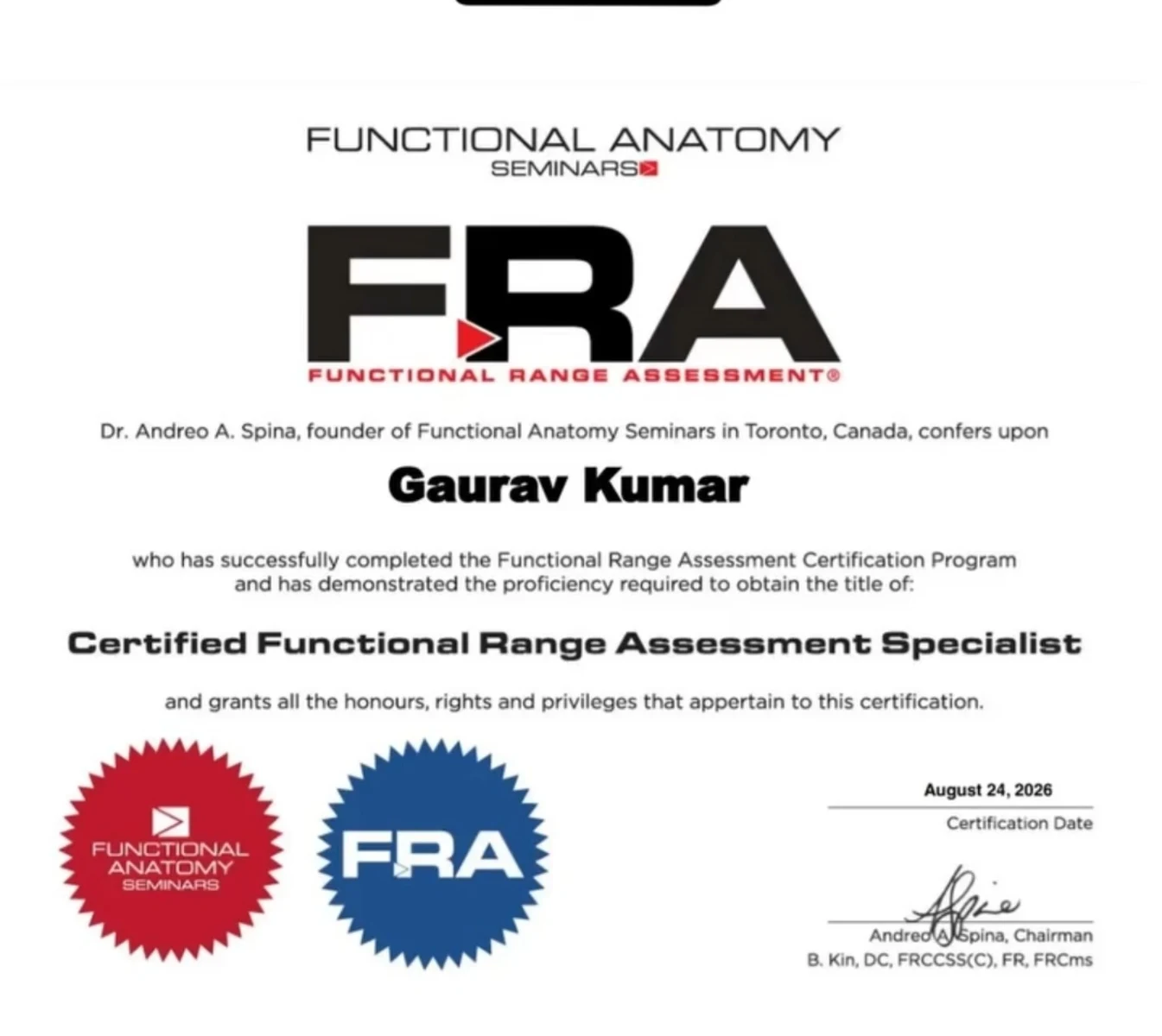 Functional Range Assessment certificate