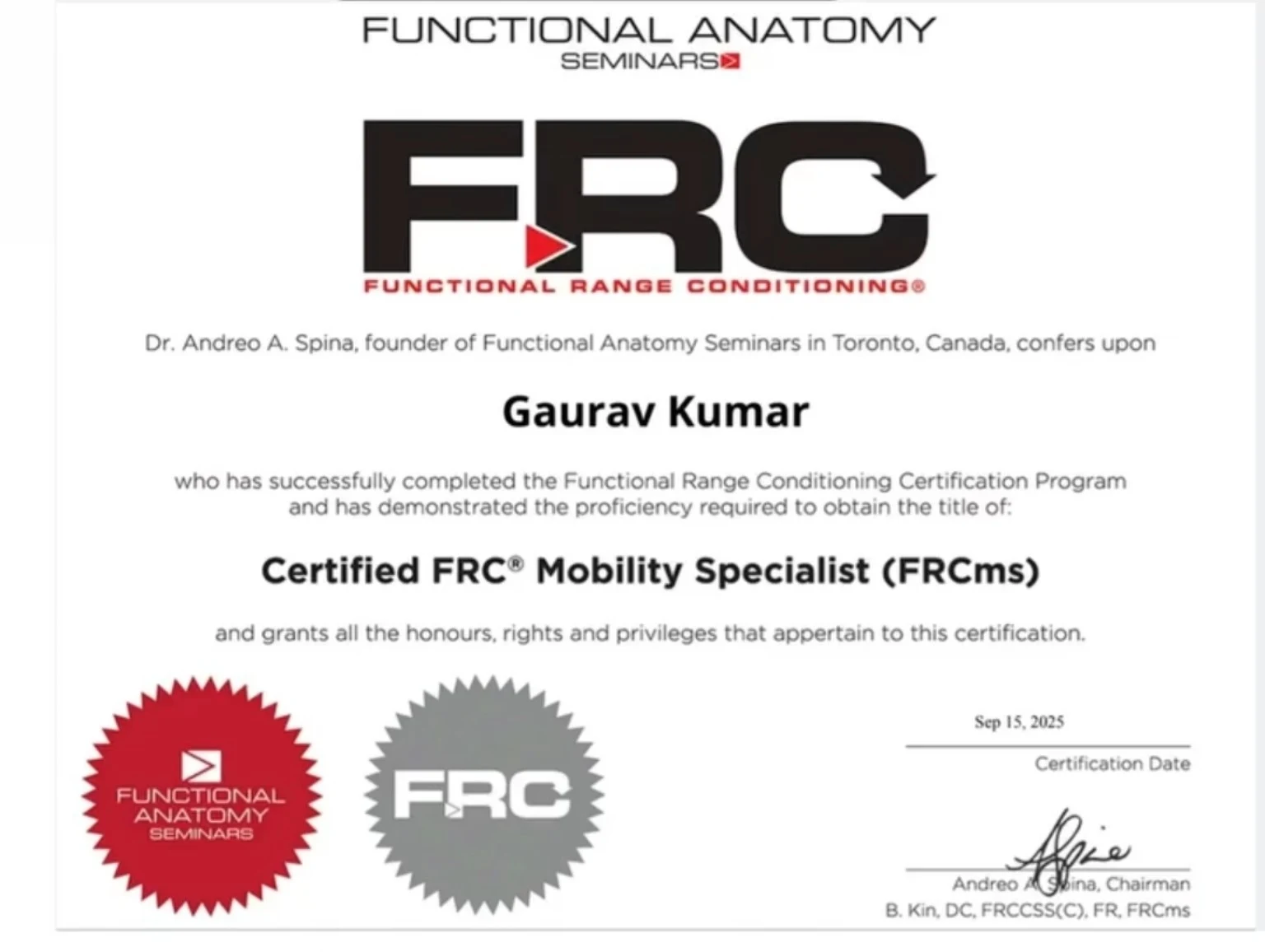 FRC Mobility Specialist certificate